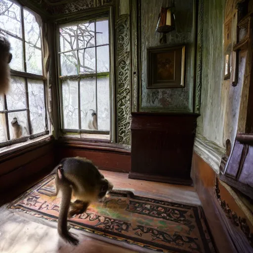 Prompt: Inside a Victorian mansion full of macaques