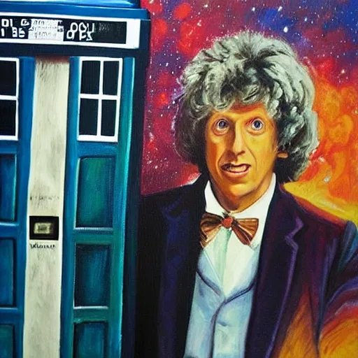 Prompt: “A painting of Tom Baker as Doctor Who looking awesome in front of the TARDIS!” W 1920