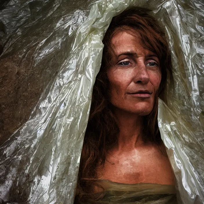 Prompt: a color photograph, closeup portrait of a woman wrapped in plastic, in grand yellowstone national park in wyoming, color photograph, by vincent desiderio, canon eos c 3 0 0, ƒ 1. 8, 3 5 mm, 8 k, medium - format print