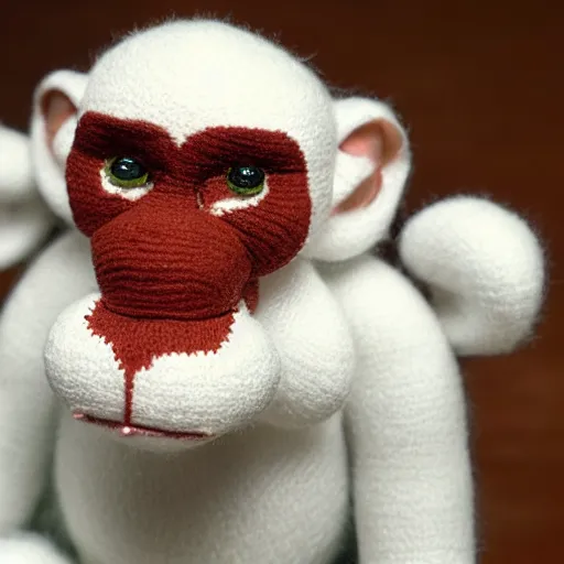 Prompt: a stuffed monkey is sitting on a white surface, a character portrait by toss woollaston, cg society contest winner, rococo, made of beads and yarn, adafruit, made of rubber