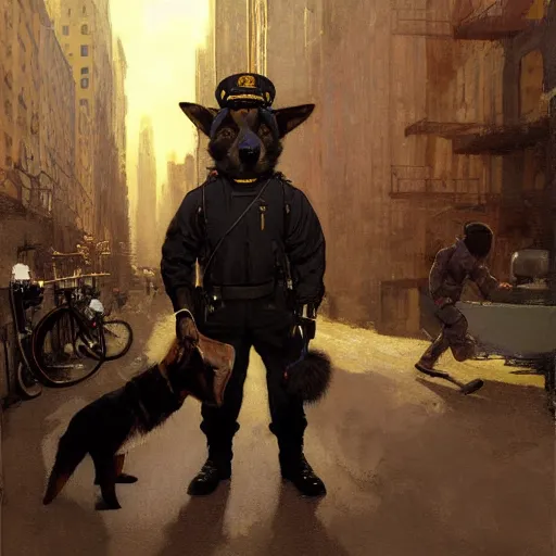 Image similar to new york city portrait of furry anthro anthropomorphic german shepard head animal person fursona wearing clothes nypd traditional police uniform in the alley, sunny day, digital art by Nerdrum John, William Waterhouse, Winslow Homer, Alex Heywood, Jordan Grimmer, Darren Quach, Greg Rutkowski, Simon Stalenhag, trending on Artstation, CGSociety