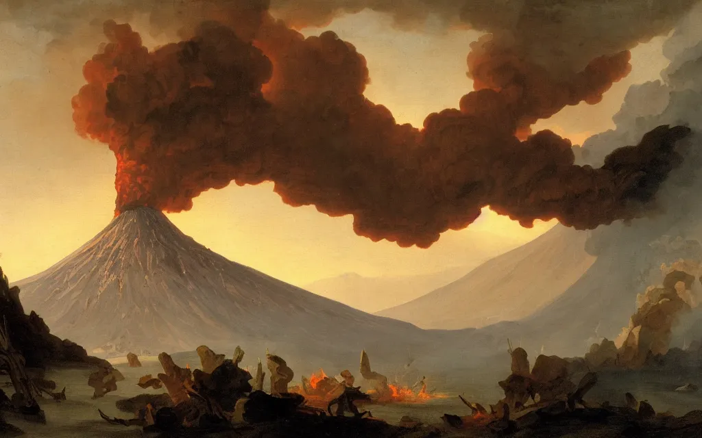 Prompt: volcano eruption, artwork by hubert robert