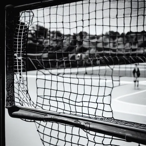 Prompt: film photo of a pool railing next to a basketball net and a retro car