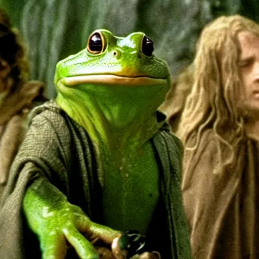 Image similar to movie film still scene, lord of the rings with frog heads