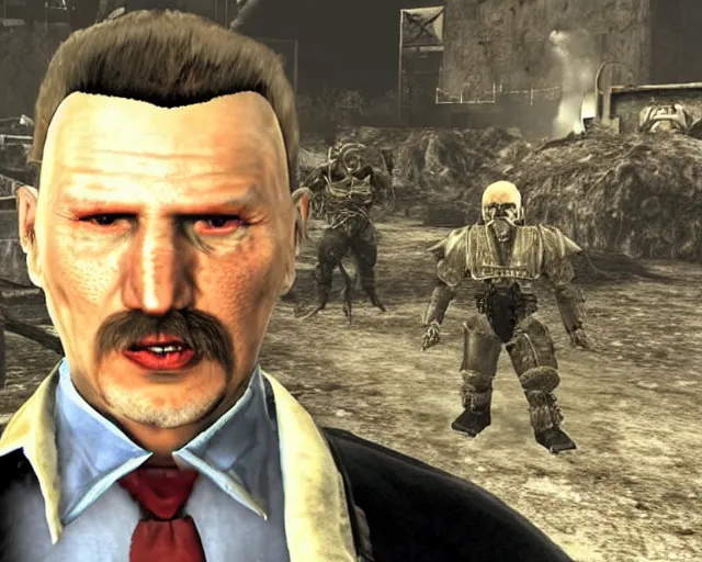 Image similar to Janusz Korwin-Mikke in the centre of a screenshot from the game Fallout: New Vegas (2010), screenshot of an NPC from Fallout: New Vegas (2010)