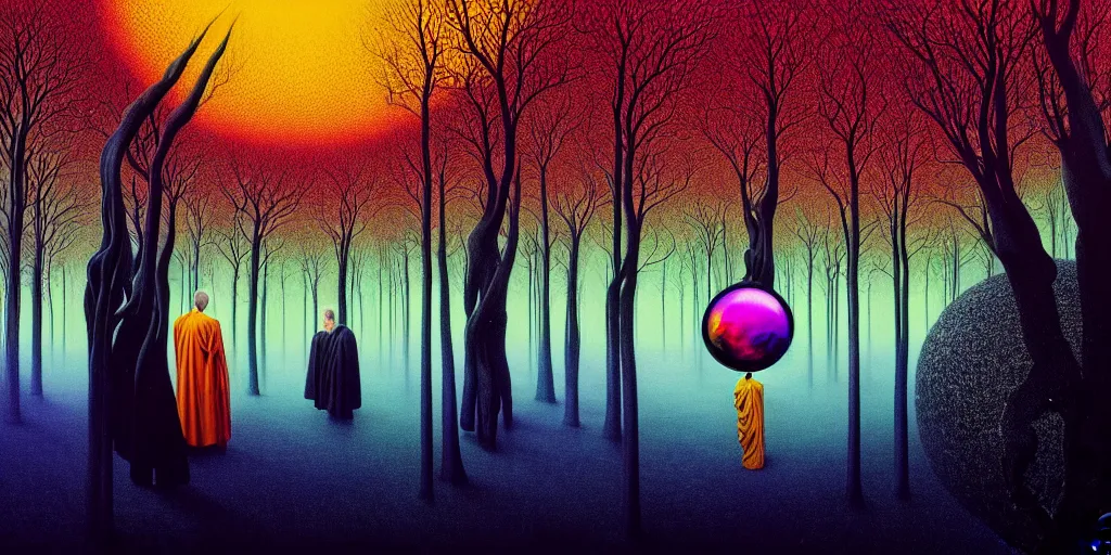 Prompt: neurograph, fluid art, an echo, a prism and a dream, monks wearing black, psychedelic horses, trees in a forest through a spherical lens, surrealism, intricate, elegant, highly detailed, digital painting, trending on artstation, concept art, sharp focus, by rene magritte, moebius, wide shot