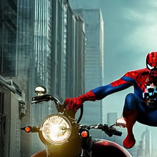 Image similar to spiderman riding a motorcycle , movie scene, cinematic, trailer Hollywood