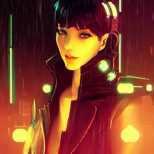 Image similar to portrait of rachael from bladerunner, cyberpunk city background, nighttime, low-key neon lighting, 4k, HQ, official media, anime key visual, makoto shinkai, ilya kuvshinov, lois van baarle, rossdraws, detailed, trending on artstation