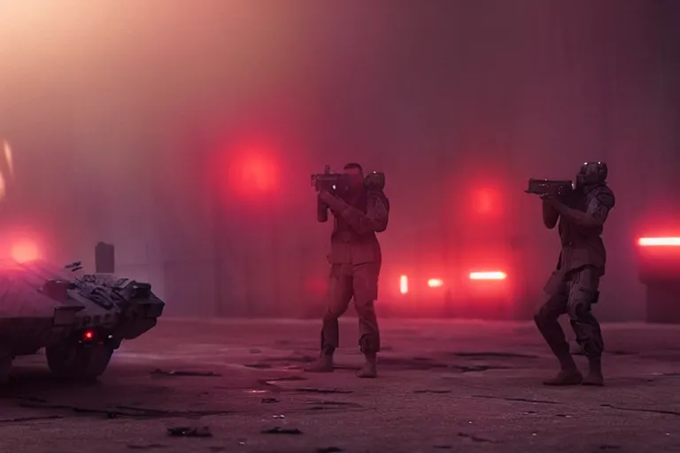 Image similar to vfx film closeup, blade runner 2 0 4 9 futuristic soldiers shoot at enemy robots futuristic war, battlefield war zone, shootout, running, shooting, explosion, battlefront, leaping, flat color profile low - key lighting award winning photography arri alexa cinematography, big crowd, hyper real photorealistic cinematic beautiful, atmospheric cool colorgrade