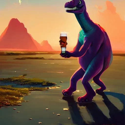 Image similar to barney the dinosaur holding a broken beer bottle, art gta 5 cover, official fanart behance hd artstation by jesper ejsing, by rhads, makoto shinkai and lois van baarle, ilya kuvshinov, ossdraws