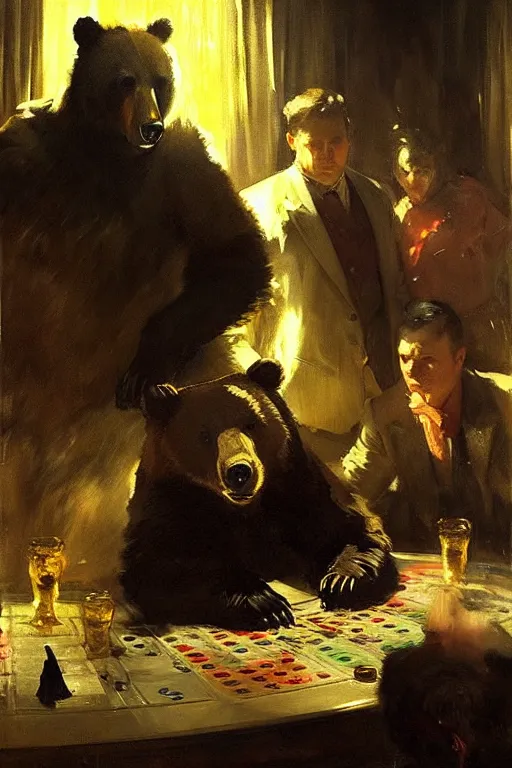 Image similar to portrait of bear gambling in the club by anders zorn, wonderful masterpiece by greg rutkowski, beautiful cinematic light, by greg manchess, jessica rossier