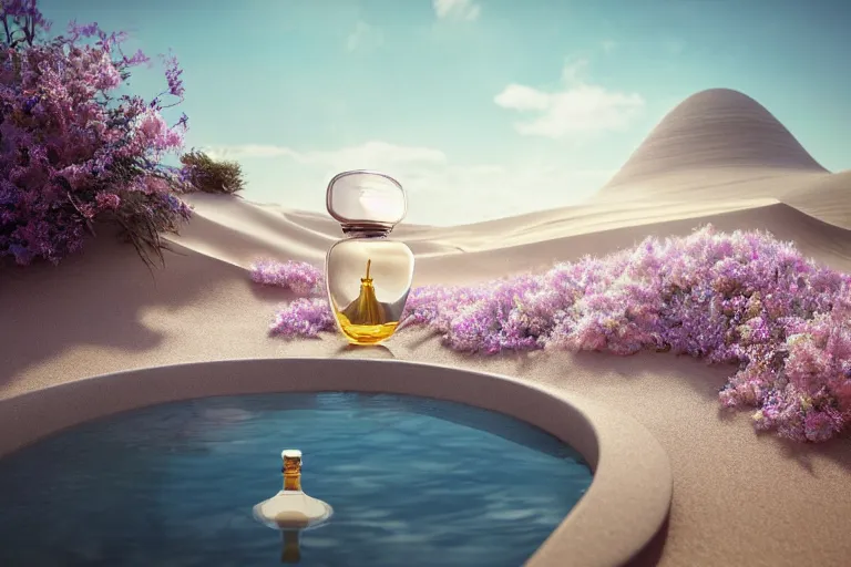 Prompt: perfume bottle buried in zen oasis hotspring by peter tarka in the middle of a desert with little flowers, soft lilac skies, silky smooth, dramatic, mid day, sand dune background, large scale, wind - swept, lots of detail, realistic lighting, octane render, by wlop, artgerm, trending on artstation