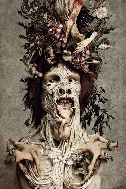 Image similar to Detailed maximalist portrait a greek god with large lips and with large white eyes, exasperated expression, botany bones, HD mixed media, 3D collage, highly detailed and intricate, surreal illustration in the style of Caravaggio, dark art, baroque