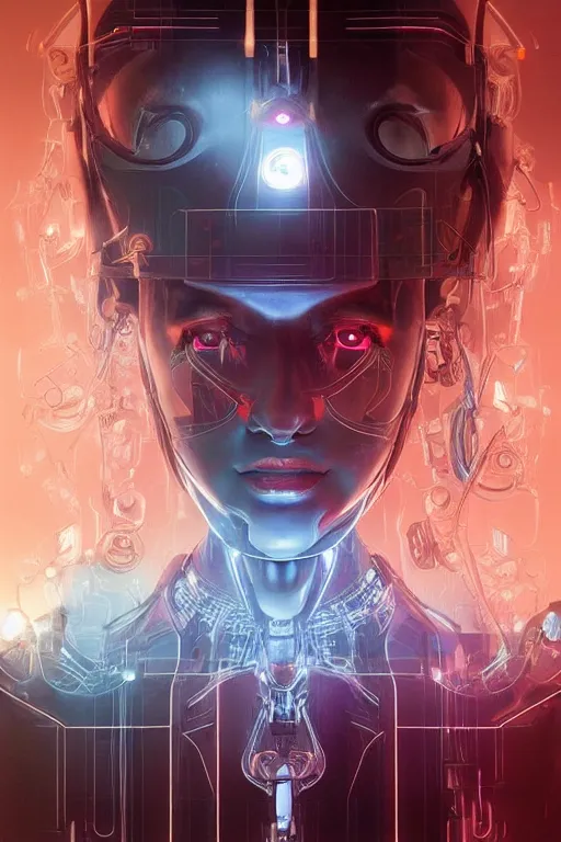 Prompt: a stunning robot woman with cybernetic enhancements, wires, led lights, glowing lights, futuristic, by artgerm and wlop and bosch