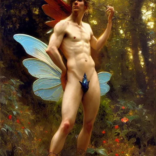 Image similar to attractive male fairy with wings in the forest, posing. highly detailed painting by gaston bussiere, craig mullins, j. c. leyendecker, 8 k