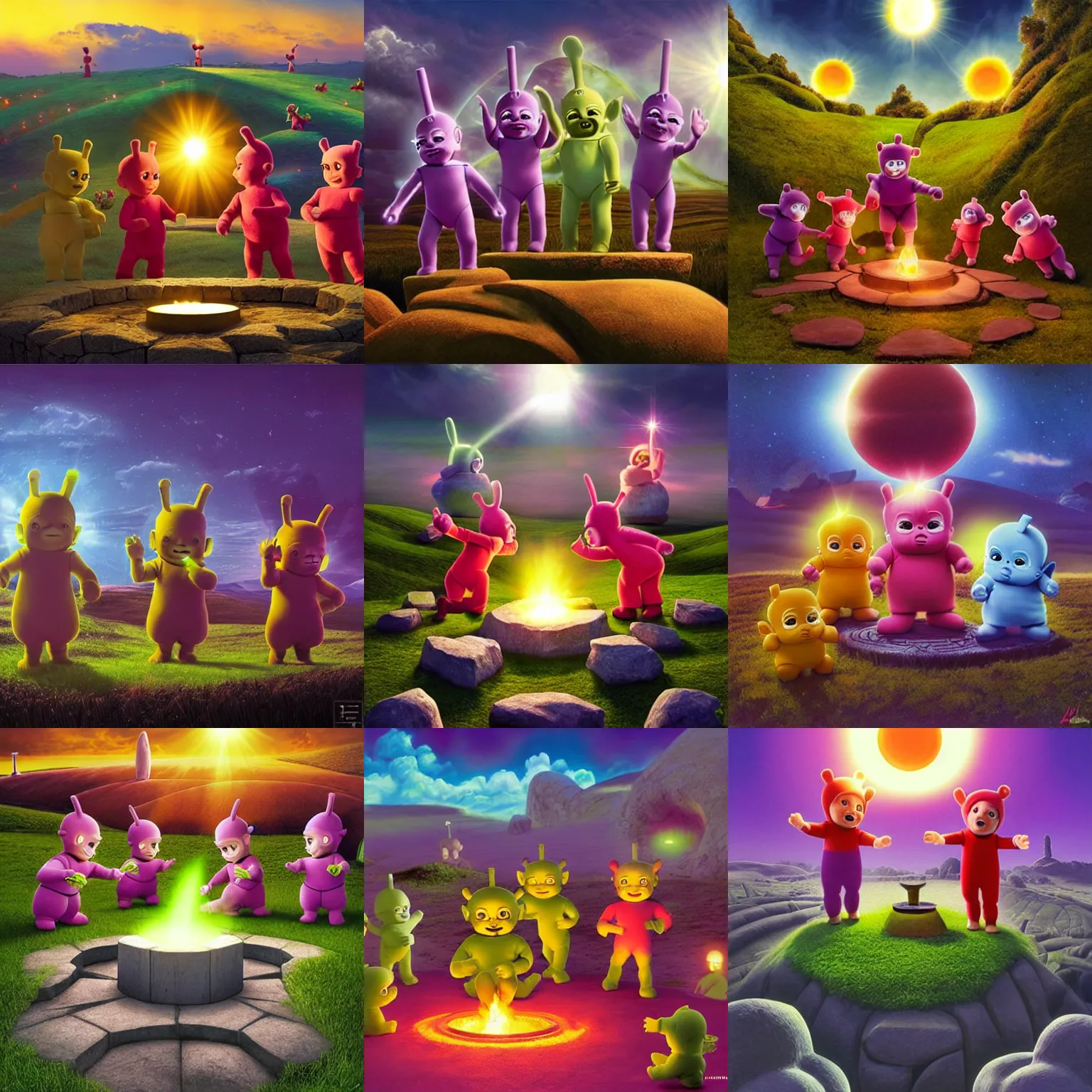 Prompt: evil teletubbies making a sacrificial ritual on a stone altar to please the sun god, artwork by artgerm, 4 k resolution, epic ligthing, art by ted nasmith