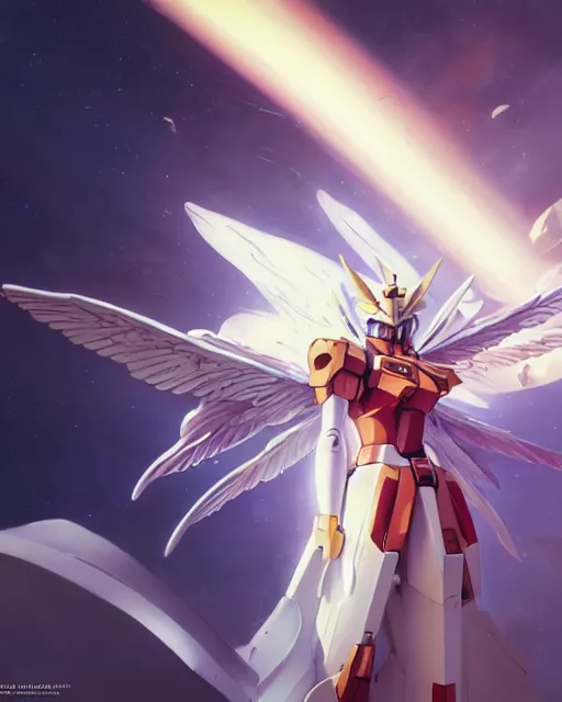 Image similar to highly detailed vfx portrait of an angelic gundam with wings of feathers beam saber fighting in space with a beam gun, unreal engine, greg rutkowski, loish, rhads, beeple, makoto shinkai and lois van baarle, ilya kuvshinov, rossdraws, tom bagshaw, alphonse mucha, global illumination, detailed and intricate environment