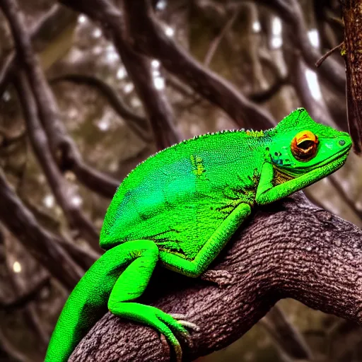 Prompt: a epic shot of a metallic green chameleon hanging on a branch of a tree