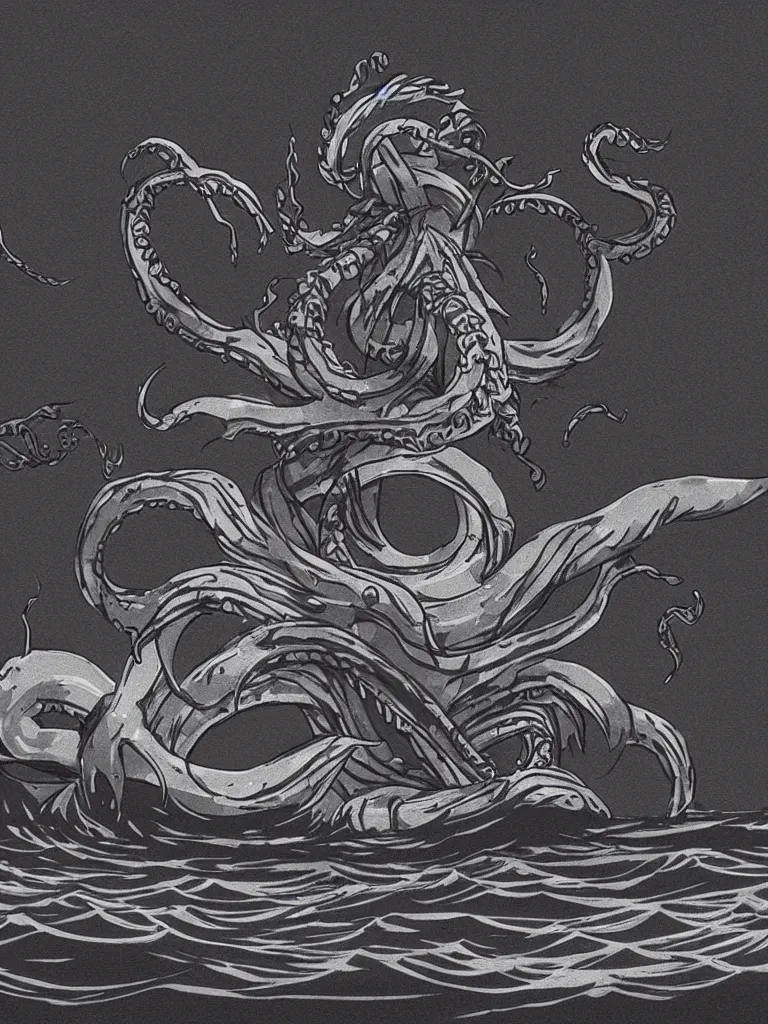 Image similar to minimalist digital art of a kraken attacking a ship on the surface of the ocean, detailed, dark, ominous