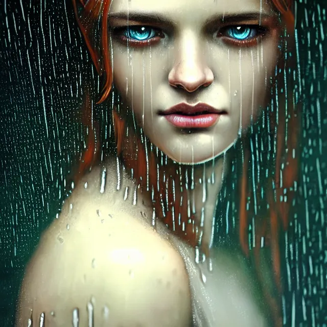 Image similar to bright portrait surreal rain on face and wet hair, diffuse overhead lighting, fantasy, intricate, elegant, dramatic lighting, highly detailed, lifelike, photorealistic, digital painting, artstation, illustration, concept art, smooth, sharp focus, art by John Collier and Albert Aublet and Krenz Cushart and Artem Demura and Alphonse Mucha