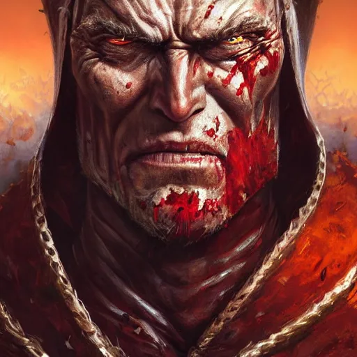 Image similar to closeup portrait shot of clint eastwood as khorne, the blood god, lord of skulls, kharneth, battle, rage, highly detailed, digital painting, artstation, concept art, soft focus, depth of field, artgerm, tomasz alen kopera, peter mohrbacher, donato giancola, wlop, boris vallejo