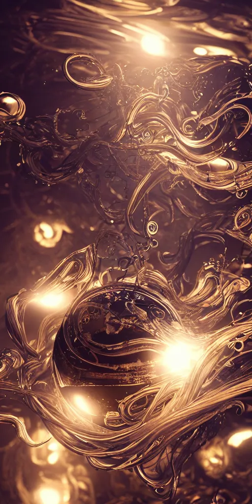 Image similar to swirling abstract cyborg parts and bio - mechanical tendrils and ornate flowing smoke streams and liquid light streaks surround a small metallic sphere, cinematic, unreal engine