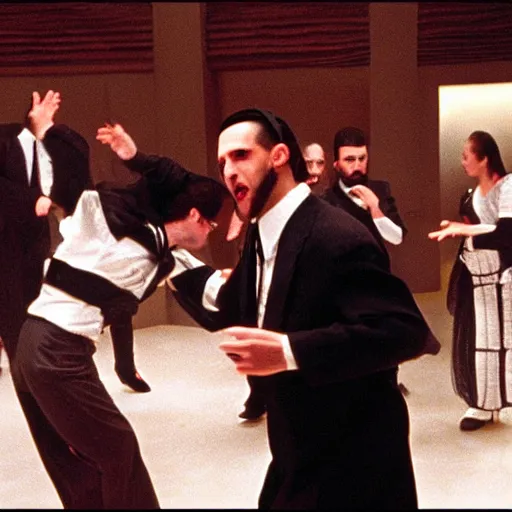 Prompt: orthodox Jews dancing in American Psycho (1999)
