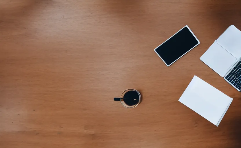 Prompt: top view of a desk, natural light, cinematic lighting, 8 k