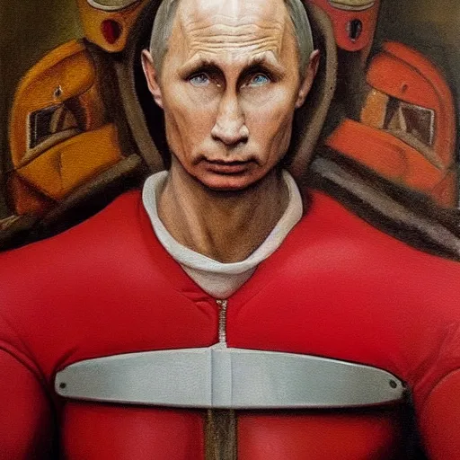 Prompt: a realistic painting by Michaelangelo depicting the Red Power Ranger with the head of Vladimir Putin in the Renaissance,smooth,Sharp focus, trending on Artstation.