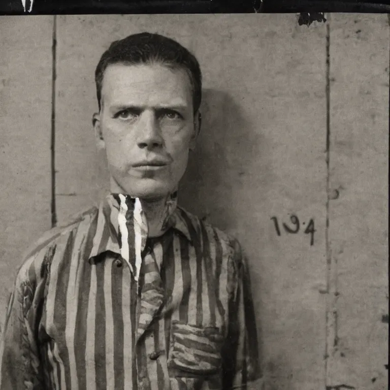 Image similar to crocodile headed man wearing striped prison clothing, colorized old jail mugshot