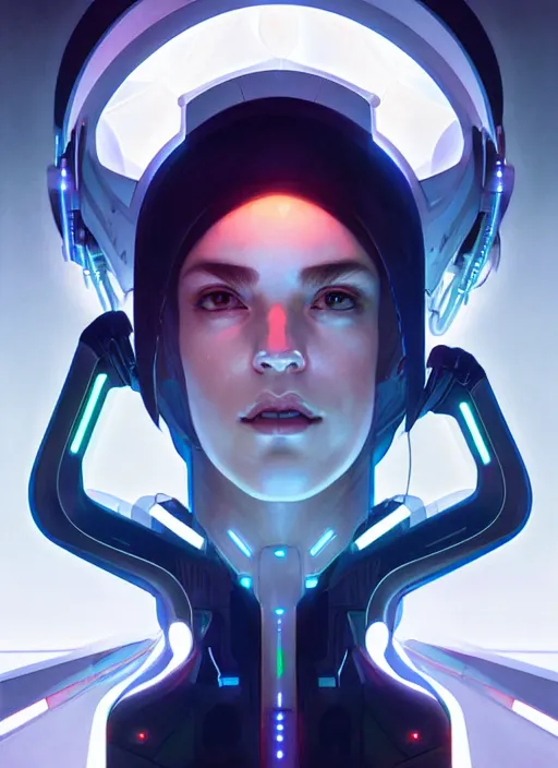 Image similar to symmetry!! portrait of robotic scientist, tech wear, scifi, glowing lights!! intricate elegant, highly detailed, digital painting, artstation, concept art, smooth, sharp focus, illustration, art by artgerm and greg rutkowski and alphonse mucha