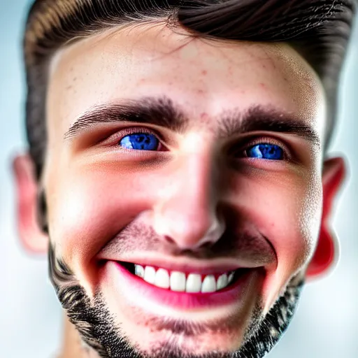 Prompt: a photographic portrait of a young Caucasian man smiling with short brown hair that sticks up in the front, blue eyes, groomed eyebrows, tapered hairline, sharp jawline, wearing a volleyball jersey, sigma 85mm f/1.4, 15mm, 35mm, 4k, high resolution, 4k, 8k, hd, highly detailed, full color, Kodak Kodachrome Film