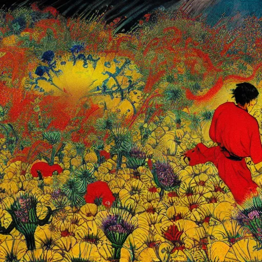 Image similar to 2 people in red desert drowning in a sea of yellow flowers, surrounded by swirls of prickly flowers rage , highly detailed, intricate, surreal, painting by Franz Marc, part by Yoji Shinkawa, part by Norman Rockwell