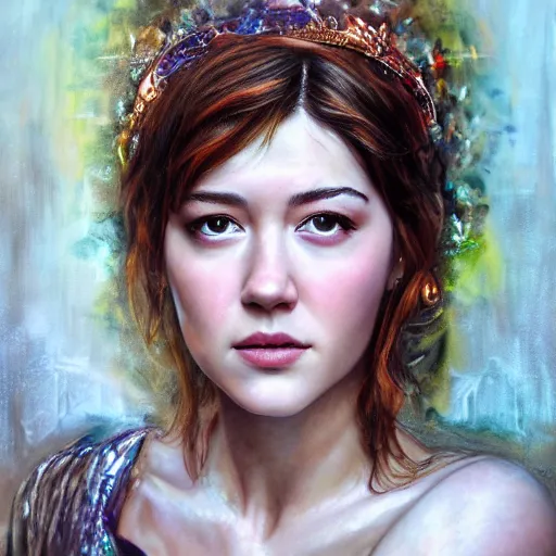 Image similar to hyper realistic candid portrait mixed media painting of beautiful Mary Elizabeth Winstead as a greek goddess, hyper detailed, realistic eyes, cinematic lighting, masterpiece