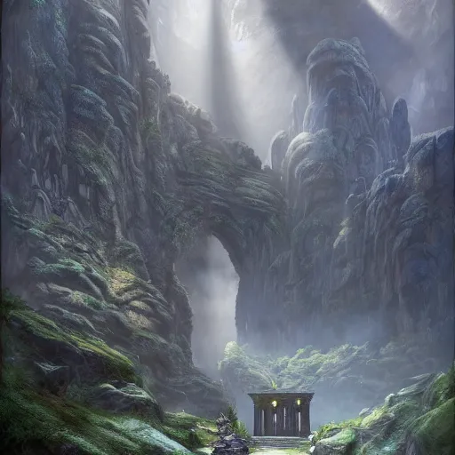 Image similar to a beautiful hyper realistic detailed matte painting of the entrance to a dungeon of the gods at the base of an ancient mountain, dramatic lighting, dynamic lighting, cinematic lighting, lit by morning light, by raphael lacoste and john howe and andreas rocha, unreal engine, featured on artstation, ultrawide angle, f 8, polarizer filter : 1 0