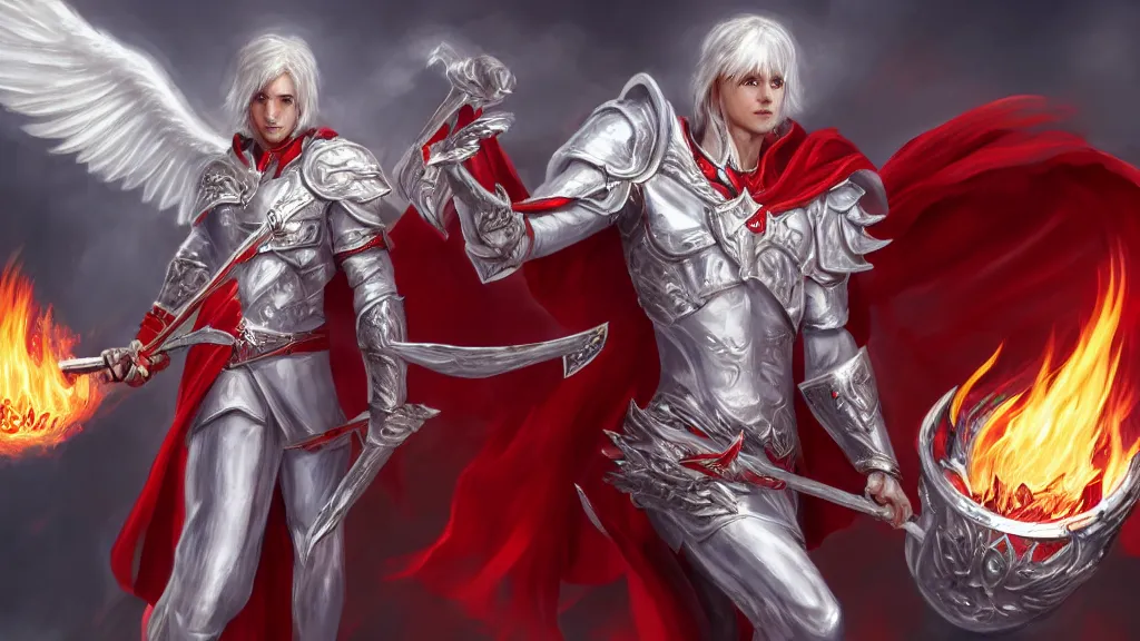 Image similar to male angel holding a flame sword, white metallic armor, red cape, detailed arms, intricate white armor, two arms, two legs, detailed fanart, rpg art, d&d art, macro art, digital art, DeviantArt, artstation, 8k HD