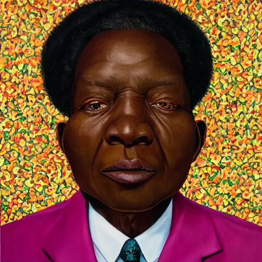 Prompt: a painting of a round face, XXL, Loving, caring, generous, ever-present, humble, wise elder from Kenya in a suit by Kehinde Wiley . Fatherly/daddy, focused, loving, leader, relaxed,. ethereal lights, details, smooth, sharp focus, illustration, realistic, cinematic, artstation, award winning, rgb , unreal engine, octane render, cinematic light, macro, depth of field, blur, red light and clouds from the back, highly detailed epic cinematic concept art CG render made in Maya, Blender and Photoshop, octane render, excellent composition, dynamic dramatic cinematic lighting, aesthetic, very inspirational, arthouse.