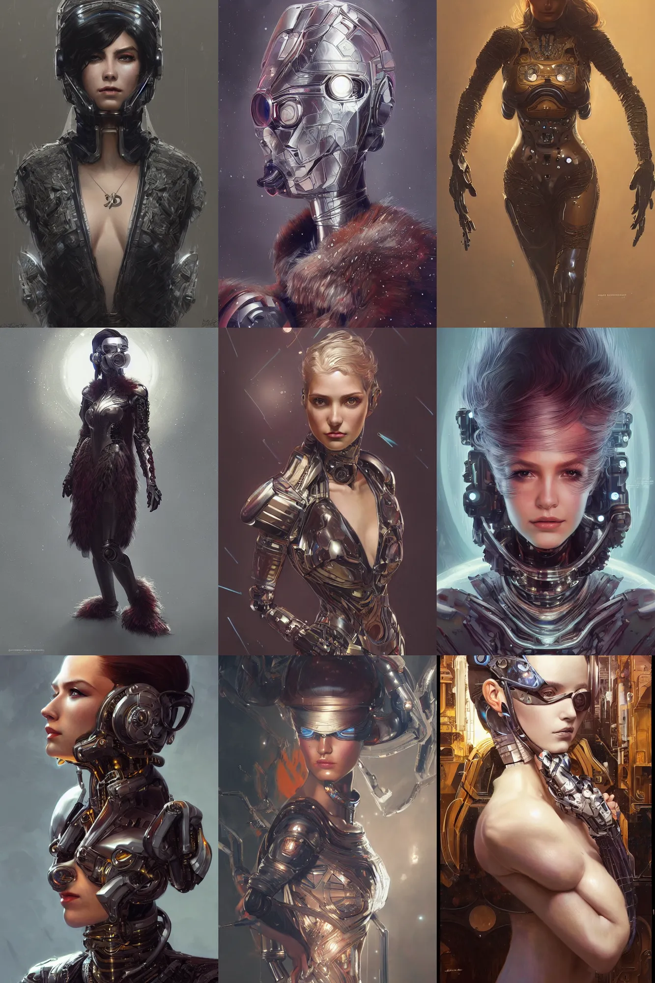 Prompt: Ultra realistic robot woman with a fur coat, cyberpunk, sci-fi, fantasy, intricate, elegant, highly detailed, digital painting, artstation, concept art, smooth, sharp focus, illustration, art by artgerm and greg rutkowski and alphonse mucha