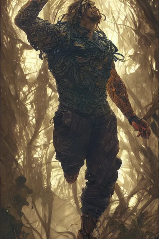 Image similar to portrait of lionel messi as a hulking herculean demon, forest, godlike, full body, fantasy, intricate, elegant, highly detailed, digital painting, artstation, concept art, sharp focus, illustration, art by artgerm and greg rutkowski and alphonse mucha