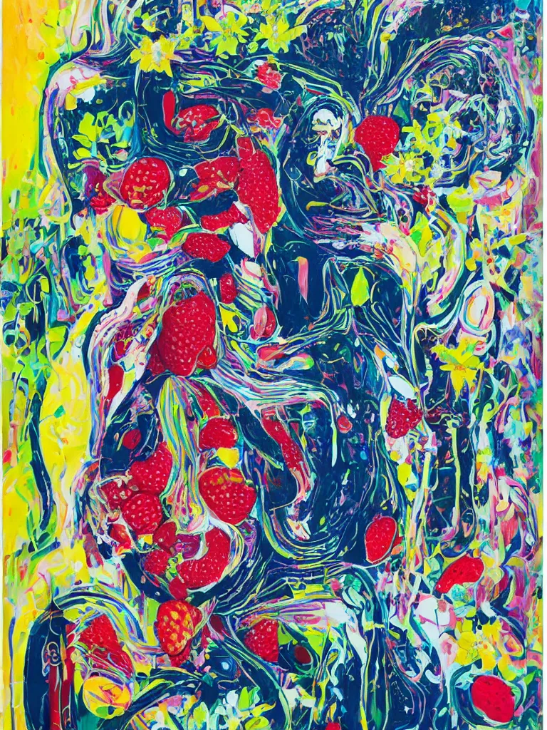 Image similar to “art in an Australian artist’s apartment, organic, portrait of a woman wearing white cotton cloth, neoexpressionist, eating luscious fresh raspberries and strawberries and blueberries, edible flowers, black background, aboriginal Dreamtime, Eora, Gadigal, intricate, bold colour, acrylic and spray paint and wax and oilstick on canvas”