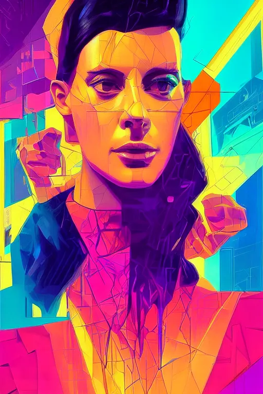 Image similar to portrait, digital painting, an beautiful, crazy hacker girl, lost in code, synthwave, glitch!!, fractured reality, realistic, hyperdetailed, golden hour, concept art, art by syd mead, cubism