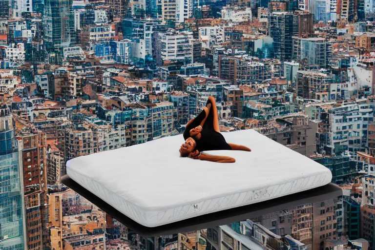 Image similar to a woman laying down on a flying mattress, she is looking down on the buildings far below her, uhd, 8 k, dreamy, photo, hyper detailed, photorealistic, trending on artstation.