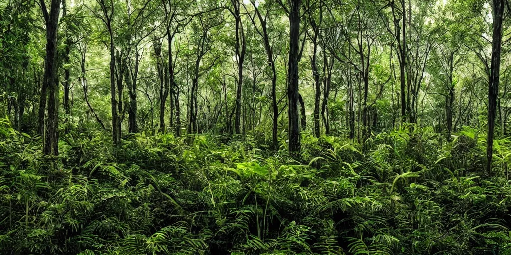 Image similar to time square but on every screen there is a forest, overgrown with plants, natural lighting, beautiful composition