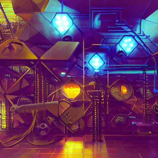 Prompt: cyberpolygon, steampunk realistic oil painting, cinematic light, computers, neon, hexagons