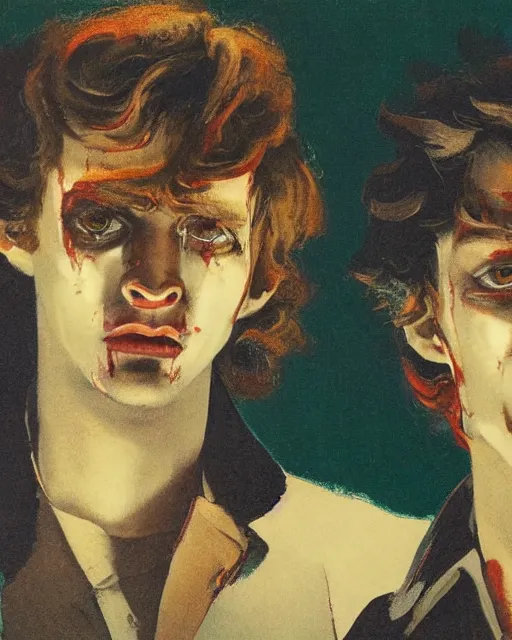 Prompt: two handsome but sinister young men wearing gucci in layers of fear, with haunted eyes and wild hair, 1 9 7 0 s, seventies, wallpaper, a little blood, morning light showing injuries, delicate embellishments, painterly, offset printing technique, by brom, robert henri, walter popp