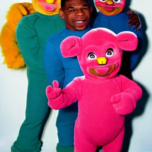 Image similar to Mike Tyson street fighting gang of teletubbies, 1980s children's show aesthetic