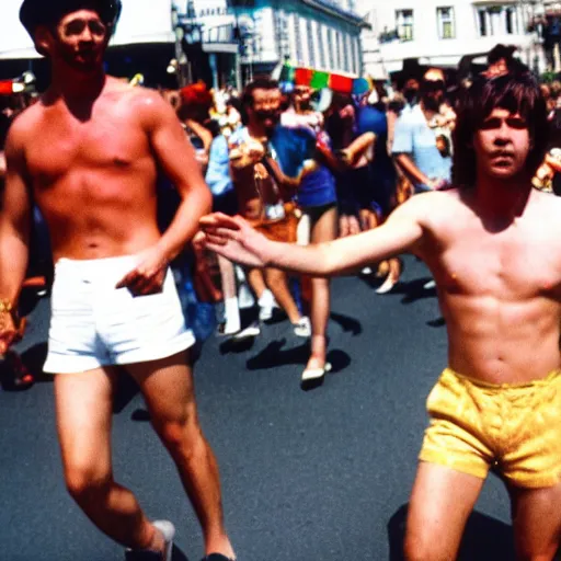 Prompt: photo of putin wearing short shorts in gay pride parade, cinestill, 800t, 35mm, full-HD