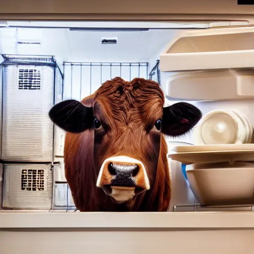 Prompt: photo of a kitchen with an entire cow in the fridge