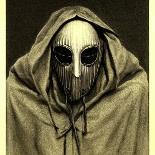 Image similar to a person wearing a plague mask and a hood, a charcoal drawing by richard mortensen and zdzislaw beksinski, trending on cgsociety, remodernism, matte drawing, zbrush, hyper realism