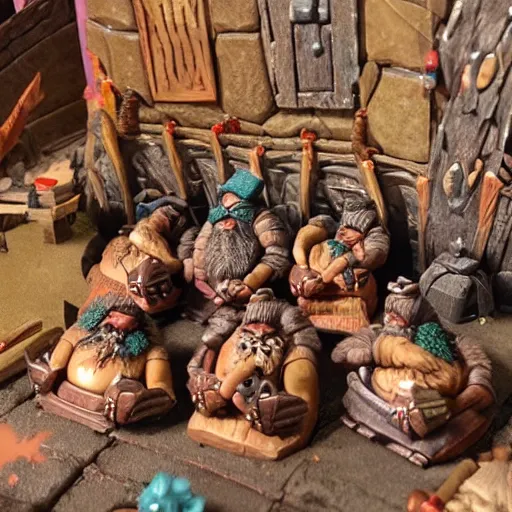 Image similar to dwarves party having good rest after work, intricate details